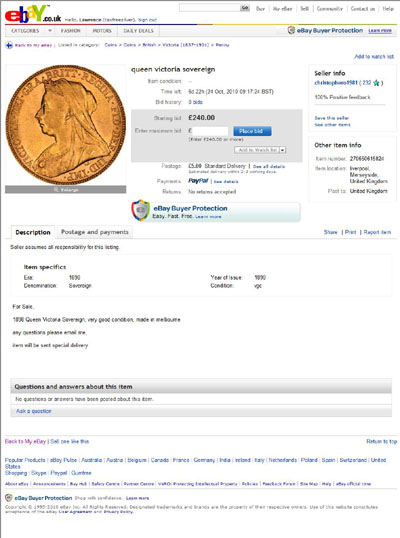christophero1981 1894 Mint Condition Gold Sovereign eBay Auction Listing